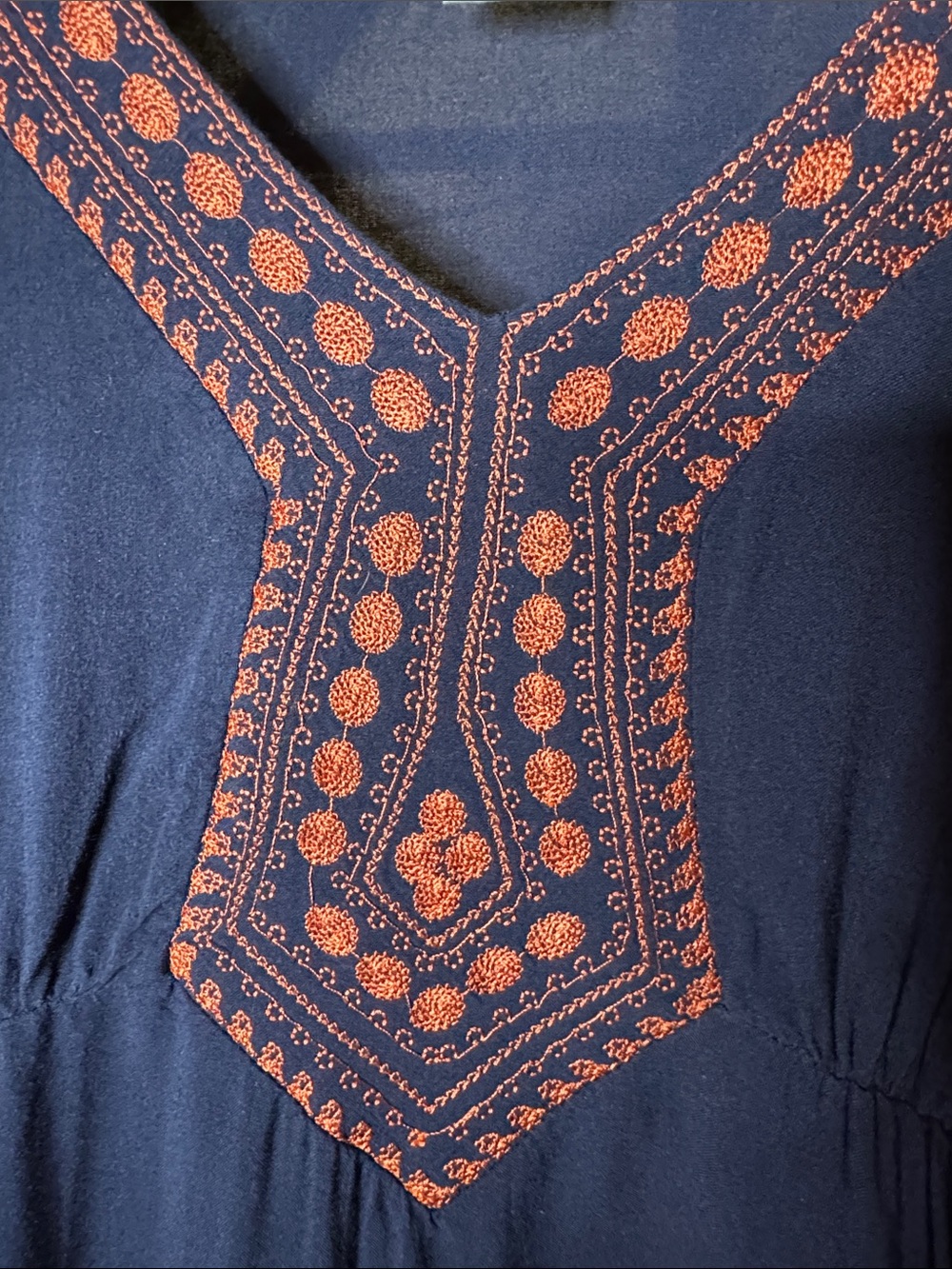WD NY Navy Embroidered Boho Tunic Top Medium Rayon Peasant Festival Blouse - Picture 6 of 9